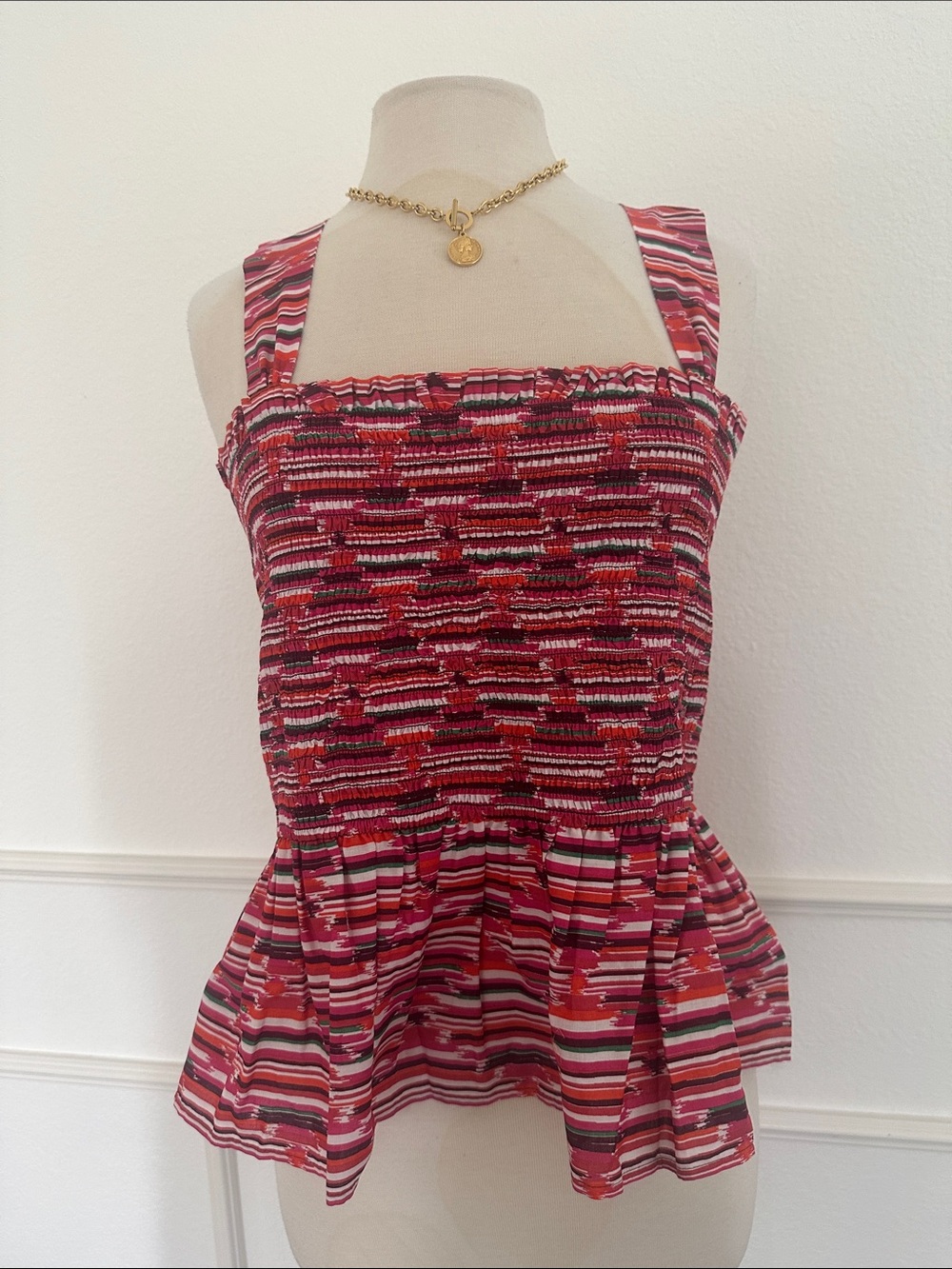 LOFT Colorful Striped Smocked Peplum Tank